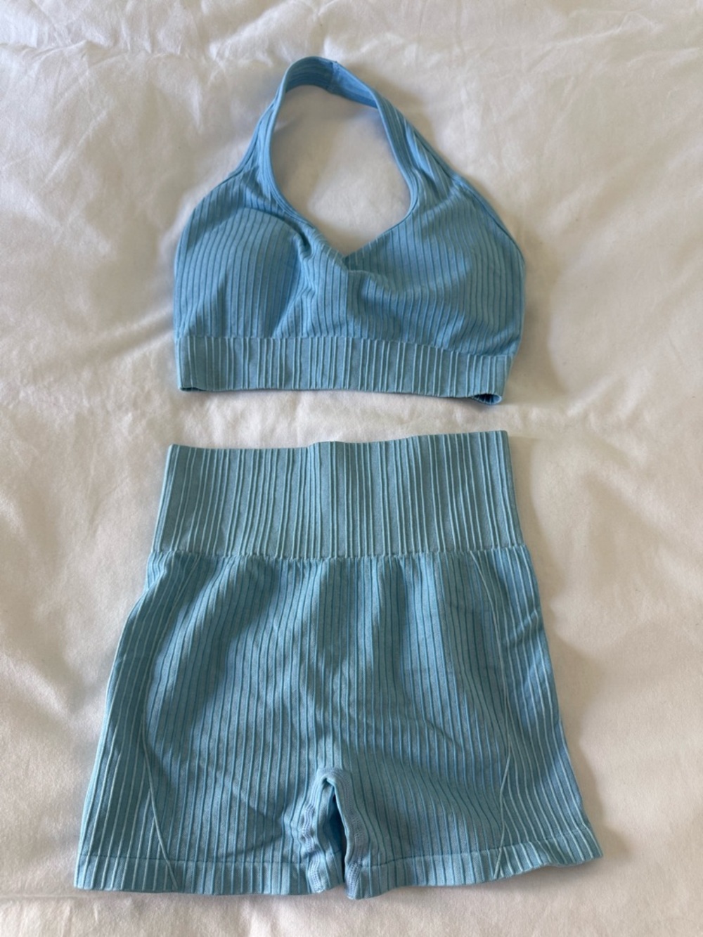Seamless Ribbed Halter set & High-Waist Shorts Set - Light Blue